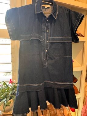 HUNTER BELL Dark Indigo Denim Drop-Waist Ruffle Dress